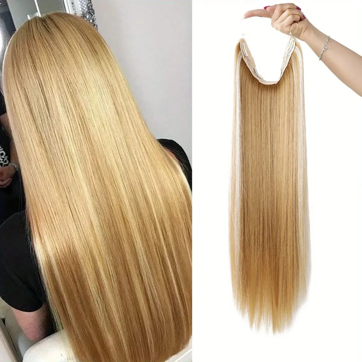 Invisible Wire Hair Extensions Adjustable Size Removable Secure Clips in 24 Inch Straight Secret Hairpiece for Women