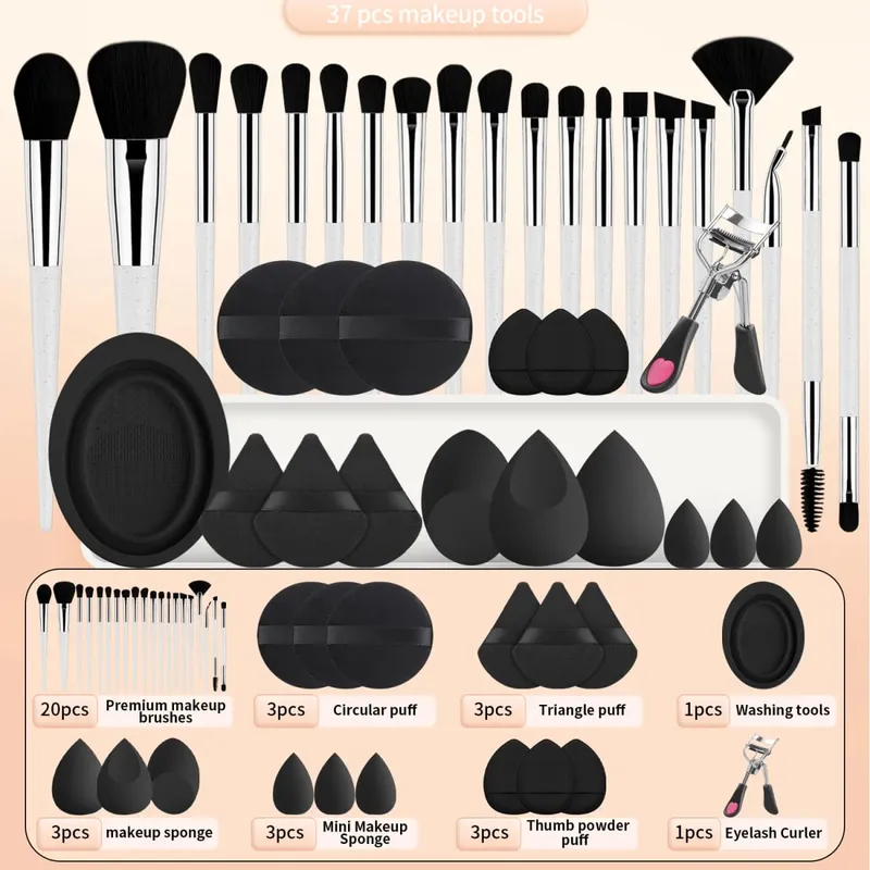 20 pincéis de maquiagem + 3 puffs de pó redondos + 3 puffs de pó triangulares + 3 ovos de beleza + 3 puffs de pó de dedo + 3 mini ovos de beleza + 1 washin — image 13