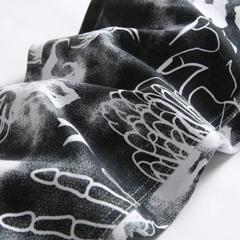 Men Skull Printed Jeans Fashion Devil Hand Pattern Denim Pants Black White Slim Straight Trousers