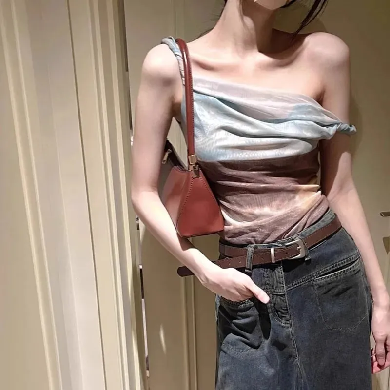 Irregular Net Strap Dyed Off-Shoulder Top for Women Summer American Print Vest Fashionable Versatile Sexy Fitted Short Style