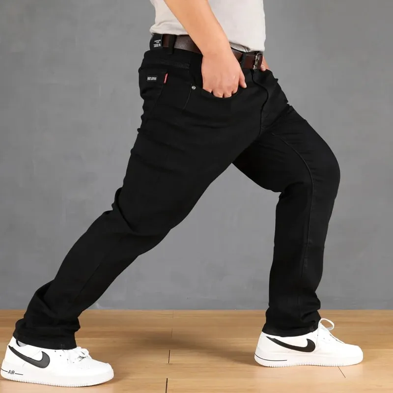 Calça jeans masculina plus size de barril sólido para primavera outono casual preto na moda jeans para homens