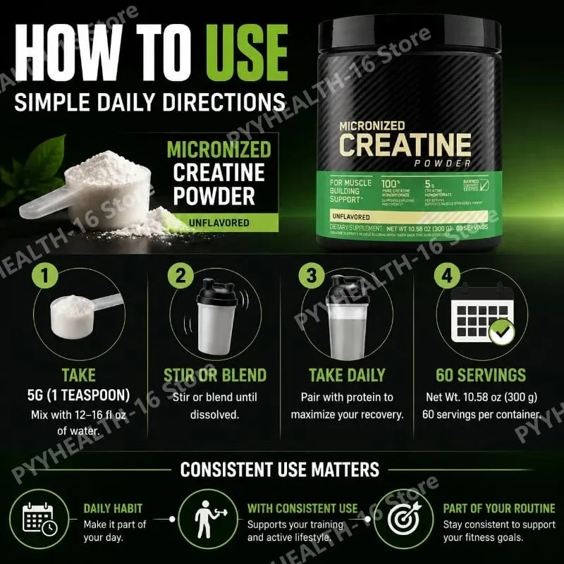 Micronized Creatine Monohydrate Powder Pure Unflavored Muscle Strength & Lean Muscle Support 5g Per Serving 300g 60 Servings