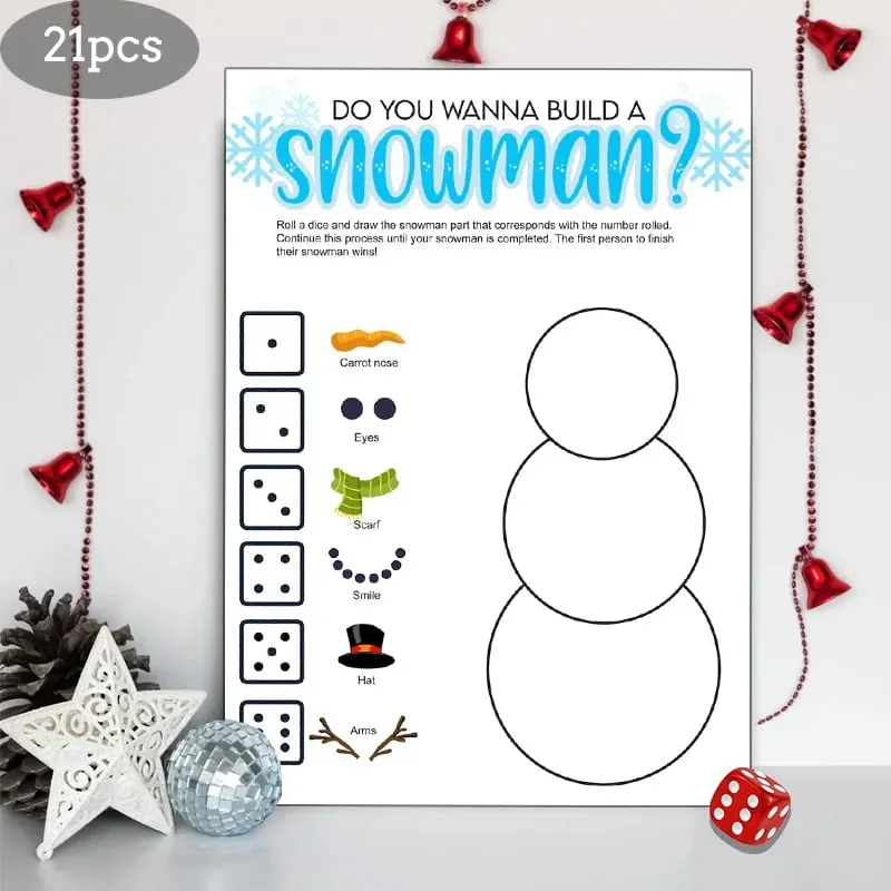 21 pçs natal rolar um boneco de neve cartas de jogo conjunto de jogo de rolamento de dados jogo de desenho de boneco de neve festa de família e jogo de festa de férias