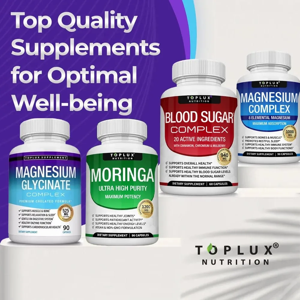 Suplemento complexo de magnésio premium 1000mg Glisinato de magnésio 525mg Complexo de açúcar no sangue 940mg Cápsulas de Moringa 1200mg Não OGM