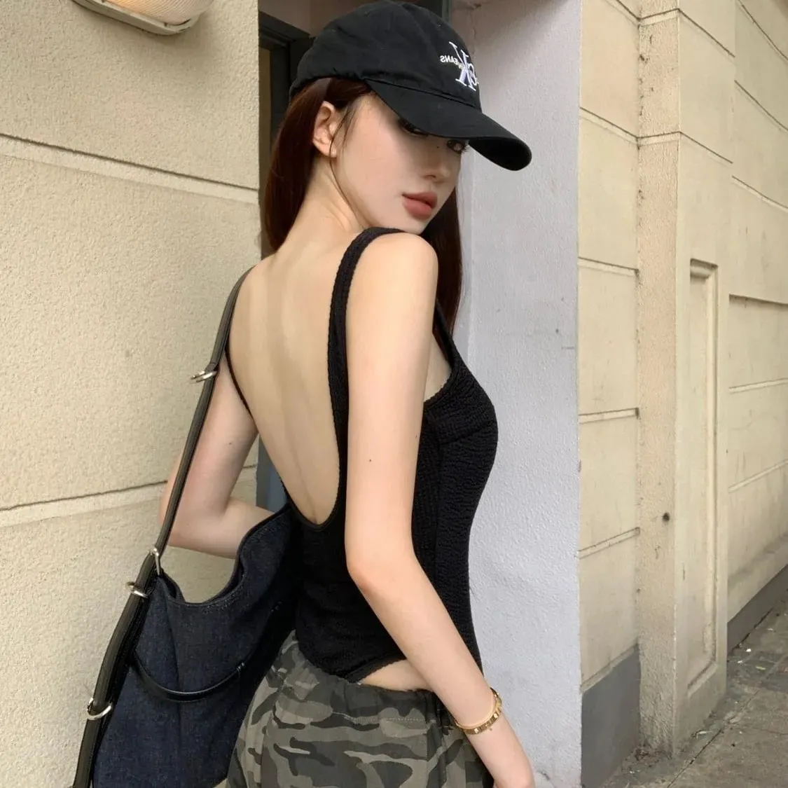 黑色吊帶連身衣性感露背羅紋連身衣連衣繩女性感無袖背心手套連身衣身體女