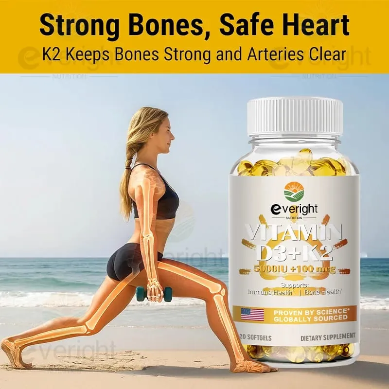 Vitaminas D3 + K2 Suplementos Orgânicos Alta Biodisponibilidade - Suporta Densidade Óssea Cálcio Equilíbrio Imunidade e Saúde do Humor