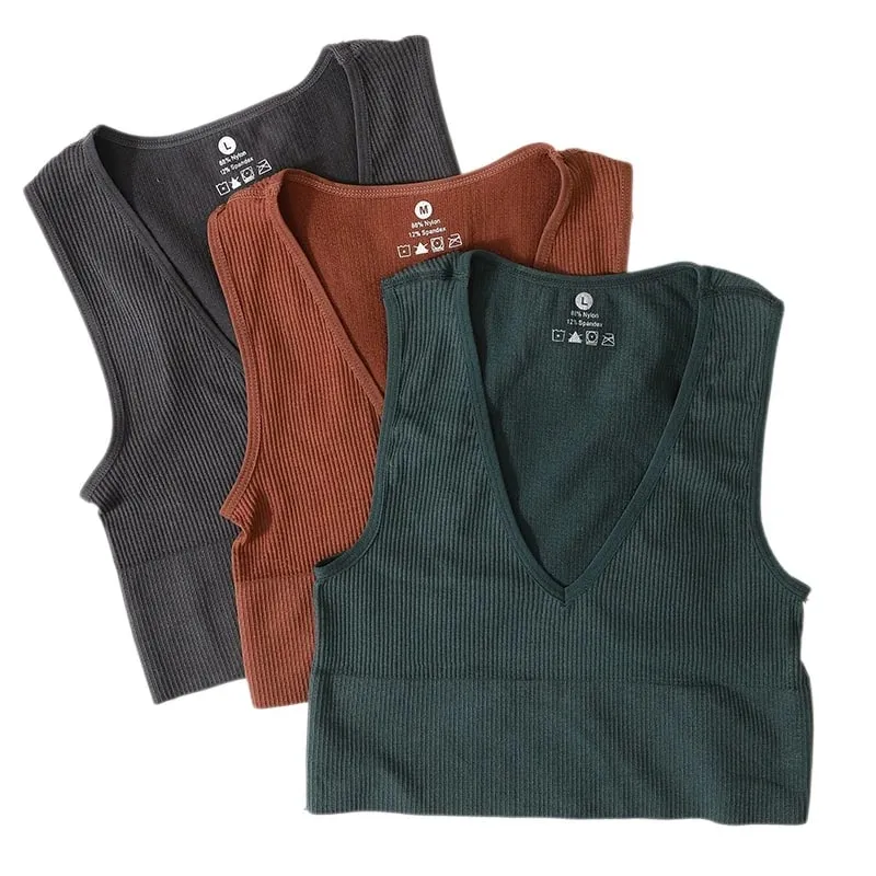Profundo decote em v wome colheita topo cor sólida fino ajuste tanque elástico sem mangas colete casual com nervuras malha sutiã topo de corte baixo camisola M-XL