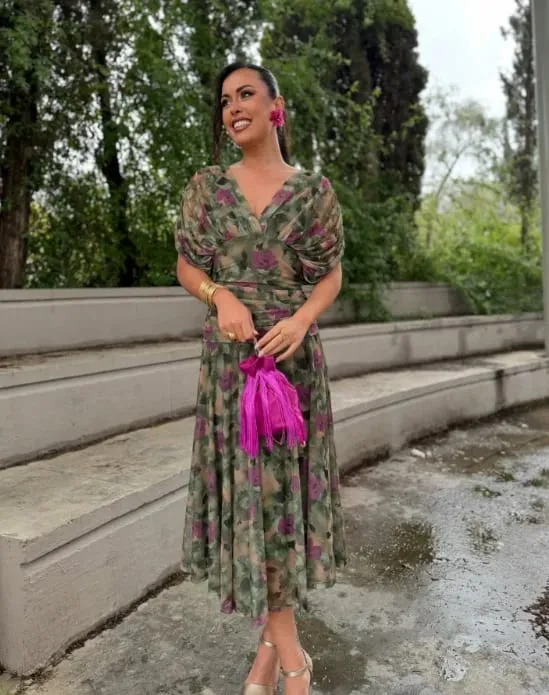 Feminino sólido profundo decote em v malha vestido longo elegante puff manga curta ruched cintura alta vestidos 2026 verão senhora casual rua robe