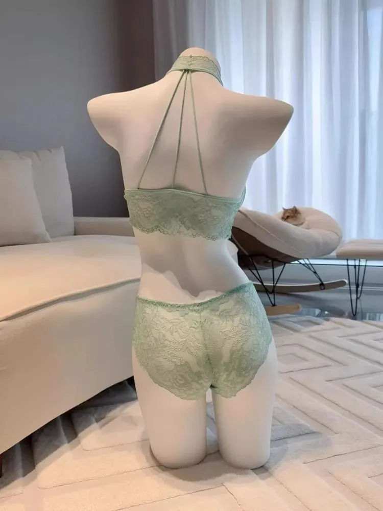 Conjunto de sutiã com gola halter verde menta, lingerie de renda sem fio, almofadas ajustáveis, costas em formato de coração para mulheres, roupas íntimas e externas — image 3
