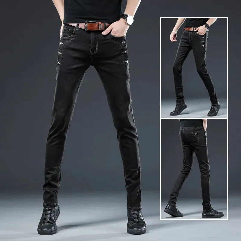 Novos homens magro botão preto jeans magros cor sólida estiramento skate multi-botão juventude masculino calças jeans