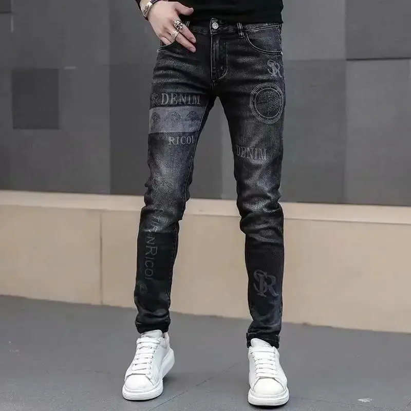 High End Elegante Clássico Distintivo Impresso Preto Stretch Denim Jeans para Homens de Alta Qualidade Slim Fit Stretch Calças Jeans de Luxo