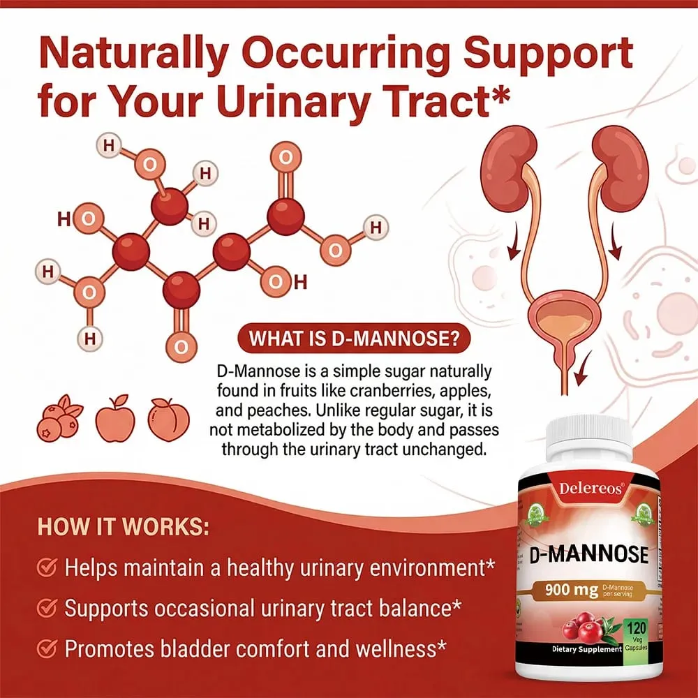 Organic D-Mannose 900mg Per Serving 120 Capsules Strongly Supports Urinary Tract Cleanse in Women and Prostate Health in Men