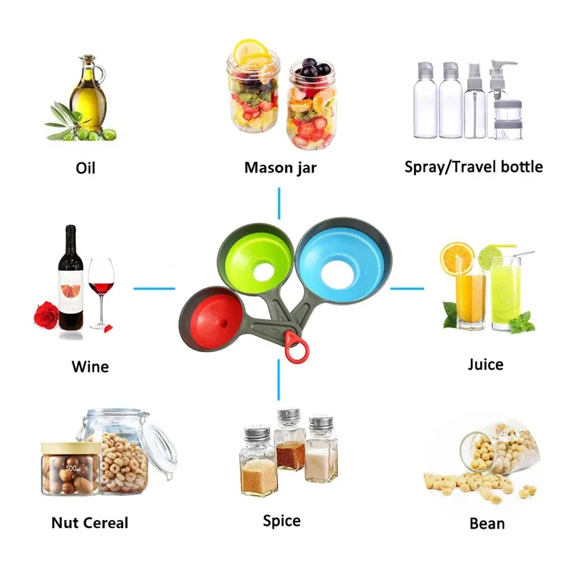 3 pçs/set com 3 tamanho funil de cozinha silicone dobrável telescópico funne pó líquido boca larga jam funil utensílios de cozinha
