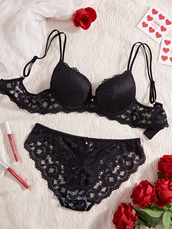 Conjunto de lingerie sexy feminina renda patchwork cor sólida laço strass embelezado push-up alça de ombro dupla sem forro roupa íntima confortável renda semitransparente calcinha respirável