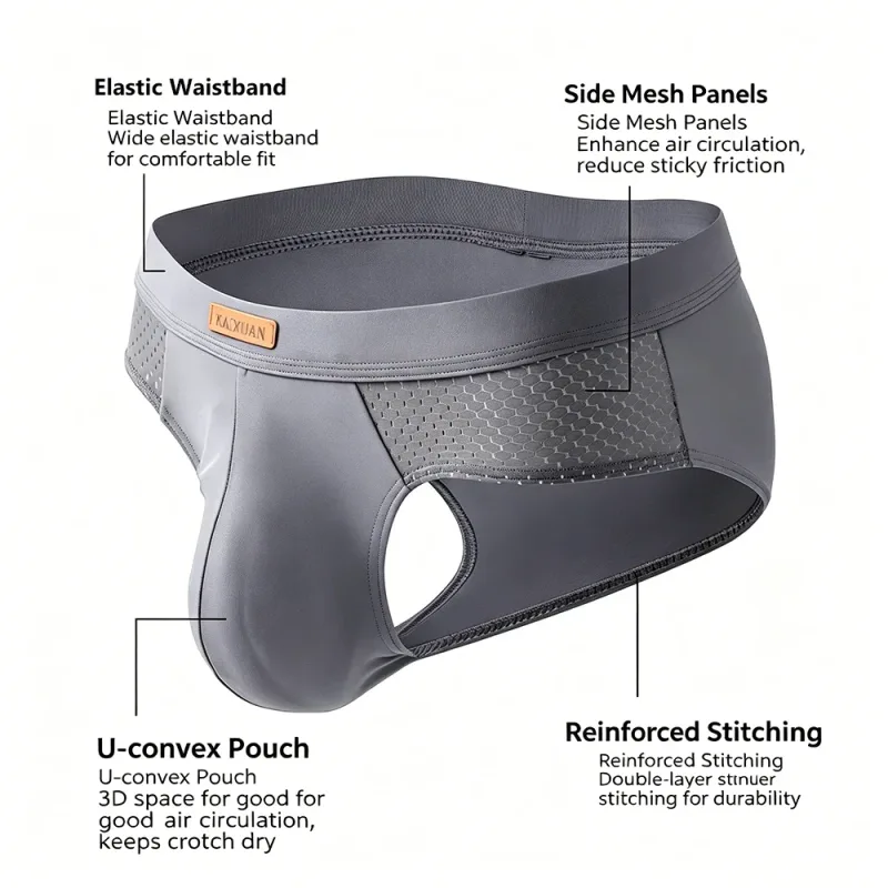Cuecas masculinas de malha de seda gelo de verão, secagem rápida, bolsa em u, virilha separada, roupa íntima respirável, design triangular para conforto