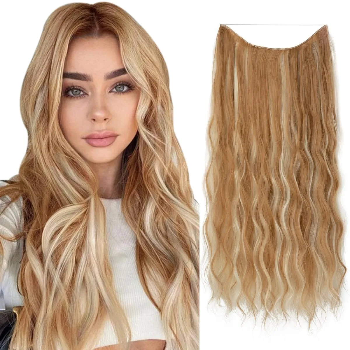 Fio invisível ondulado sintético com clipes, extensão de cabelo, linha de peixe, loiro natural, clipe em peça de cabelo falso