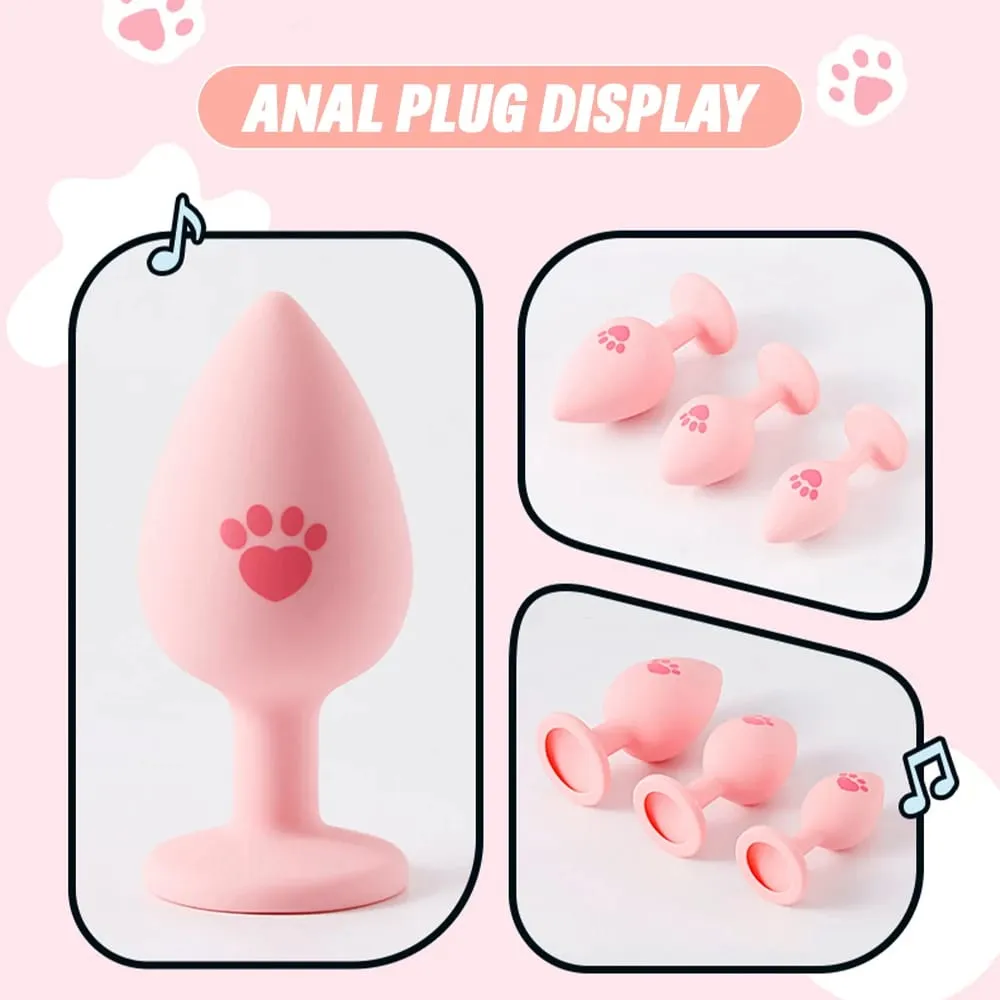 Plugue anal de silicone macio, padrão de pata de gato, 3 tamanhos, plugue anal para mulheres, homens, gays, base de cristal, brinquedos sexuais para adultos, vibrador anal
