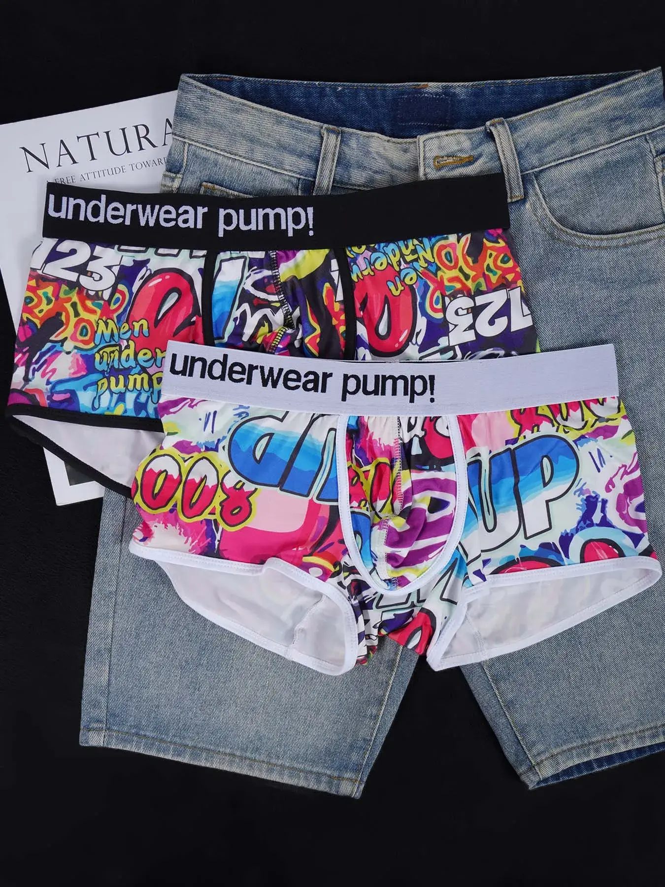 1 pçs masculino algodão mistura de náilon boxer briefs all-over graffiti impressão ampla cintura elástica não-apertado moda esporte roupa interior