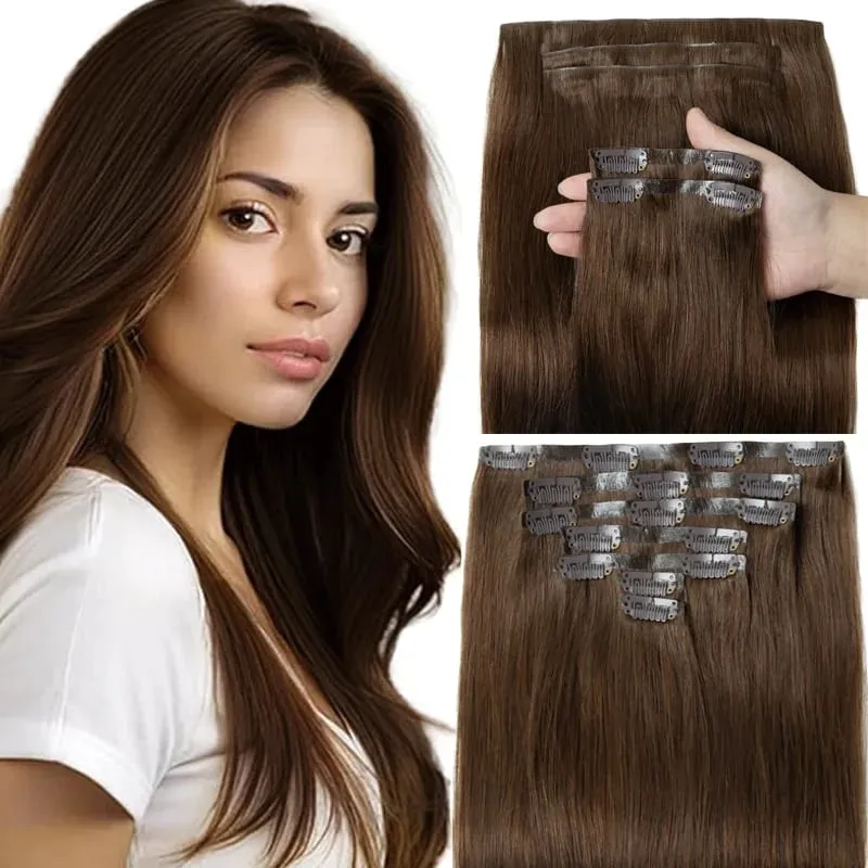 Feminino leve clipe em extensões 7 pçs conjunto invisível fita do plutônio trama injetado plutônio natural cabelo humano 12-24 polegada adicionando comprimento uso — image 1