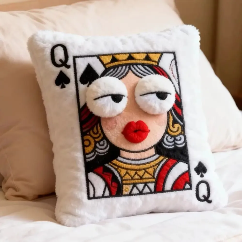 Almofada de cartão de pôquer estilo patchwork, olhos grandes 3d, design de alto valor, travesseiro bordado, tema de jogo de cartas, travesseiro para presente