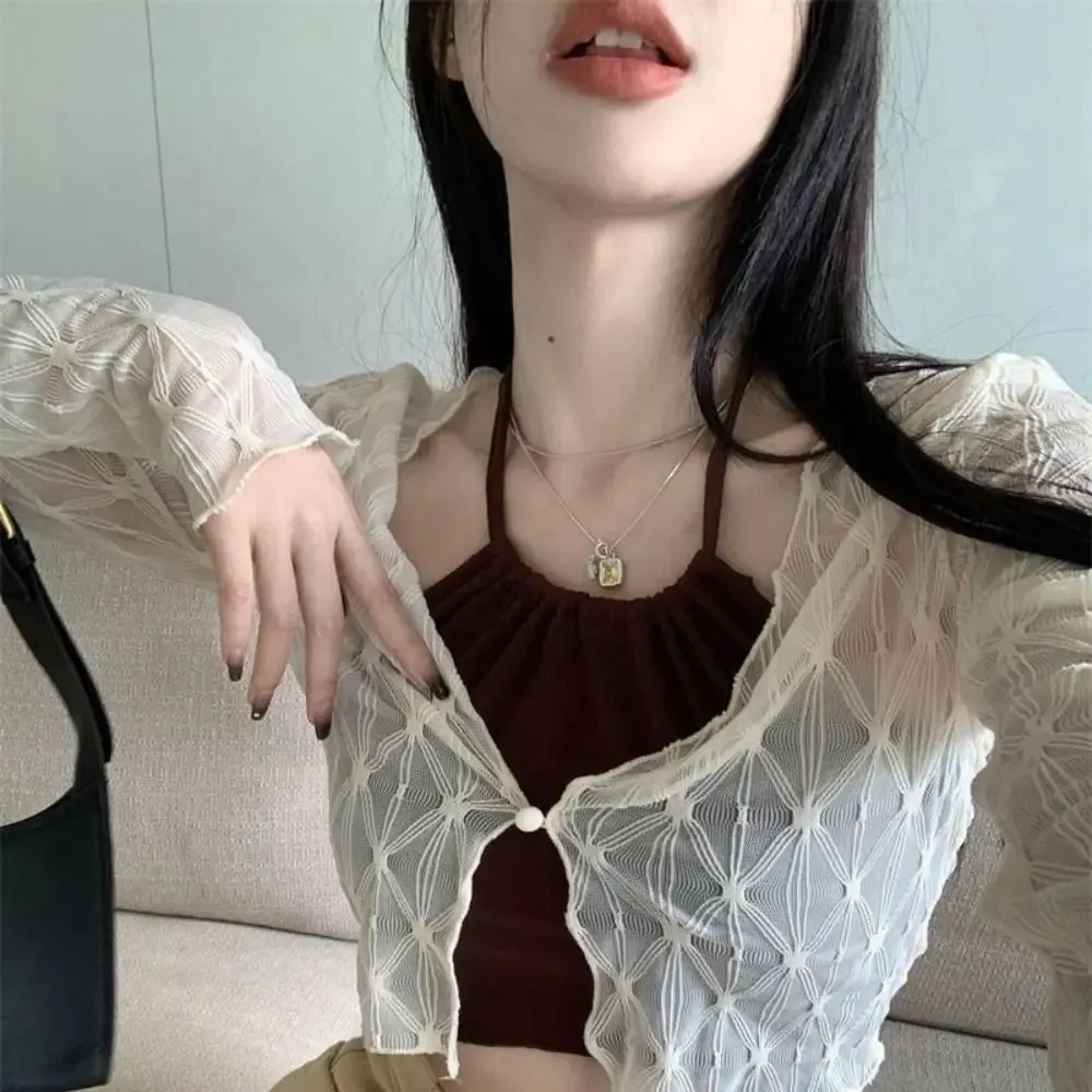 Diy fino cardigans à prova de sol novo fino cor sólida camisolas casual manga longa curto topo verão — image 3