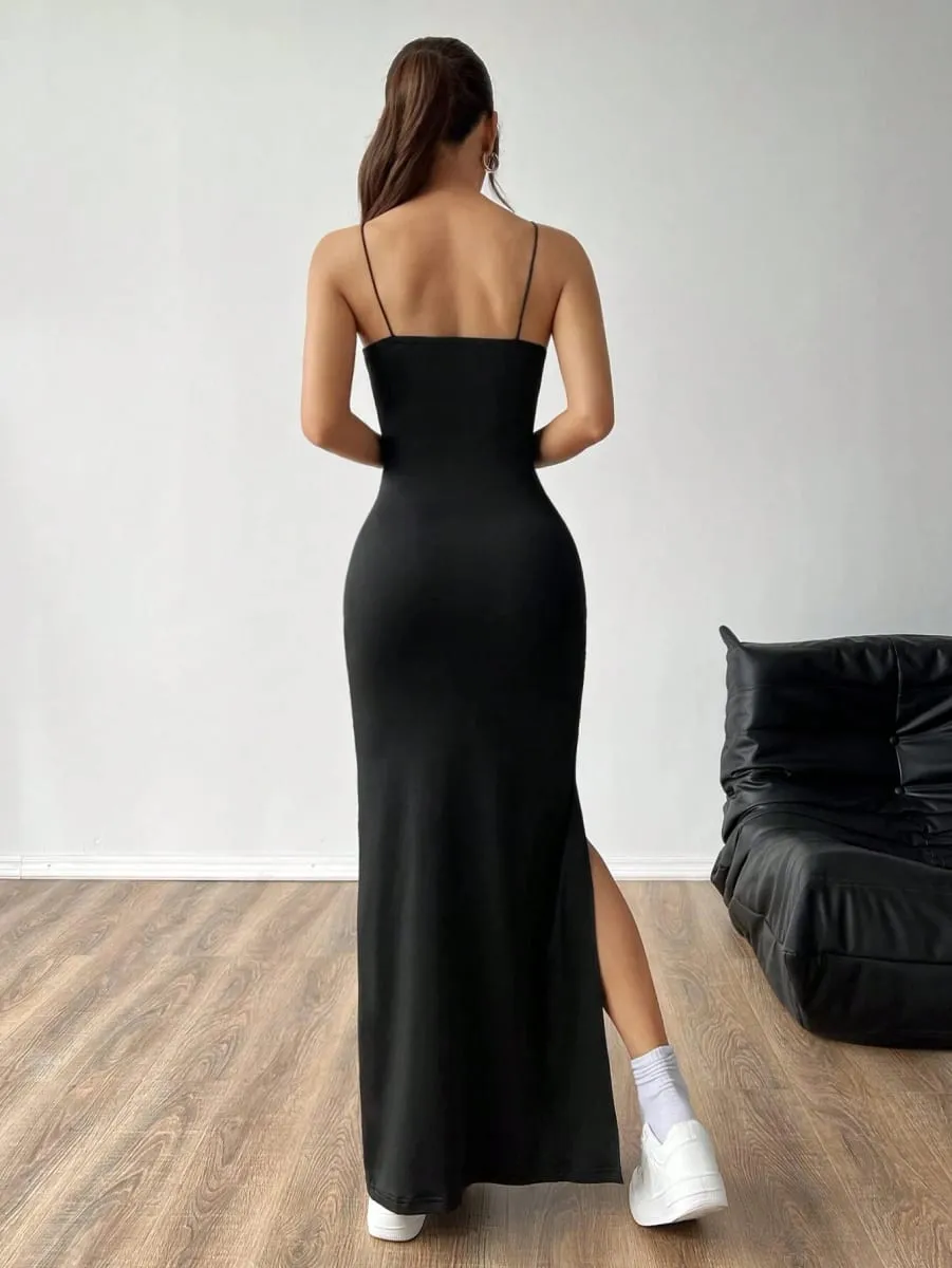 Vestido feminino de cor sólida com fenda alta e alça espaguete