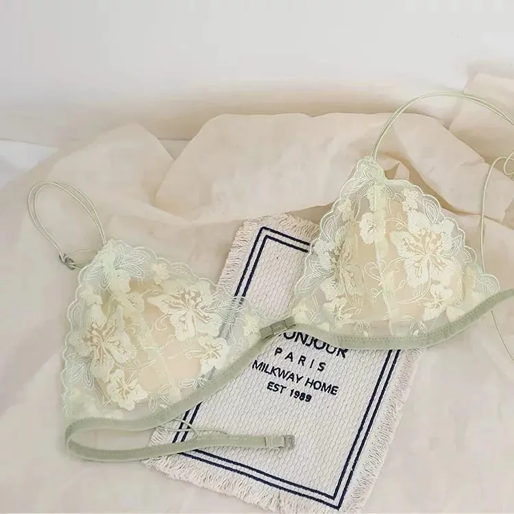 Super sexy conjunto de sutiã de renda transparente oco sem arame triângulo francês bralette e calcinha feminina lingerie quente 2026 moda