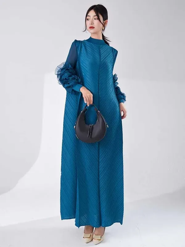 Vestido longo plissado com mangas babados, solto, cor sólida, costura, roupas femininas para festa, verão, roupas novas 2da5900