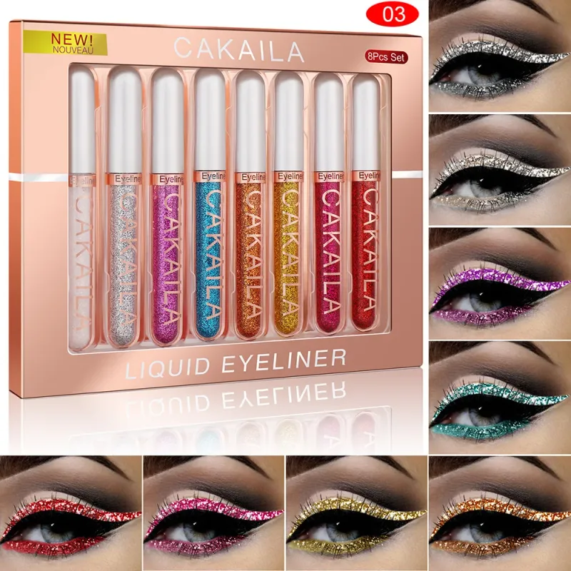 Conjunto de canetas delineadoras à prova d'água, 8 cores, glitter de longa duração e maquiagem colorida para os olhos, cosméticos de beleza fosco, kit de lápis de delineador