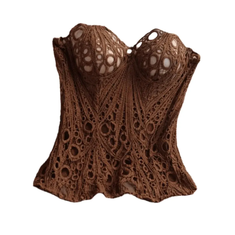 Bustier volta gravata oco para fora espartilho superior bainha irregular espinha de peixe renda espartilho malha emenda roupa interior feminina clubwear