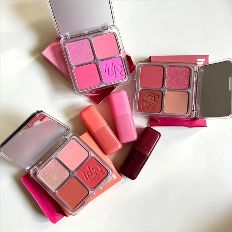 Blush em pó de 4 cores, ajuste fino, leve, natural, brilhante, durável, à prova d'água, resistente ao suor, blush, brilho labial, maquiagem