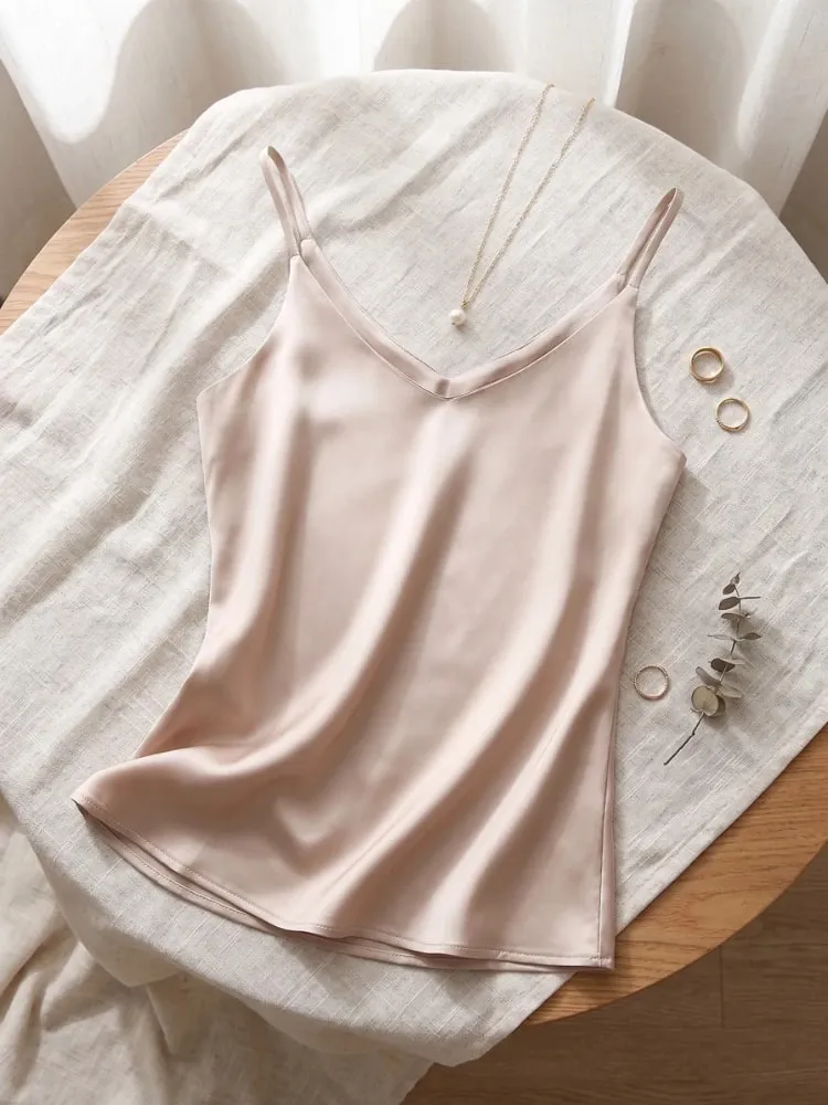 Zjaiss halter decote em v básico branco cami 2026 verão cinta de espaguete feminino regata sem mangas cetim seda topos feminino