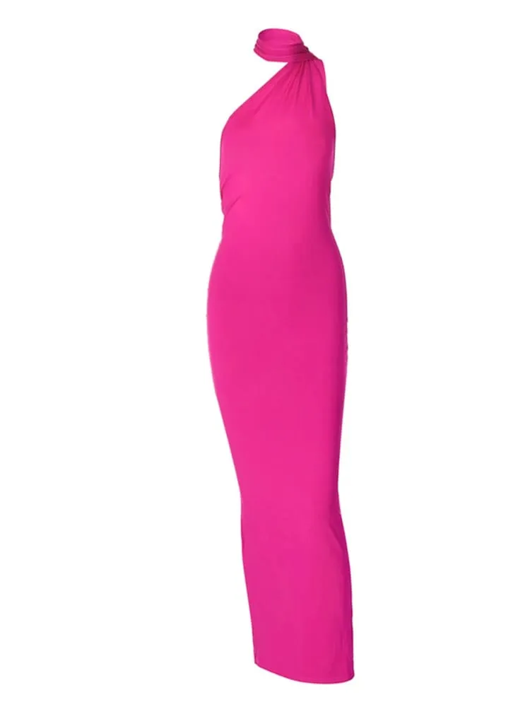 Neon Y2K Clothes One Shoulder Sleeveless Backless Ruched Bodycon Maxi Dresses For Women Club Birthday Party Evening Prom