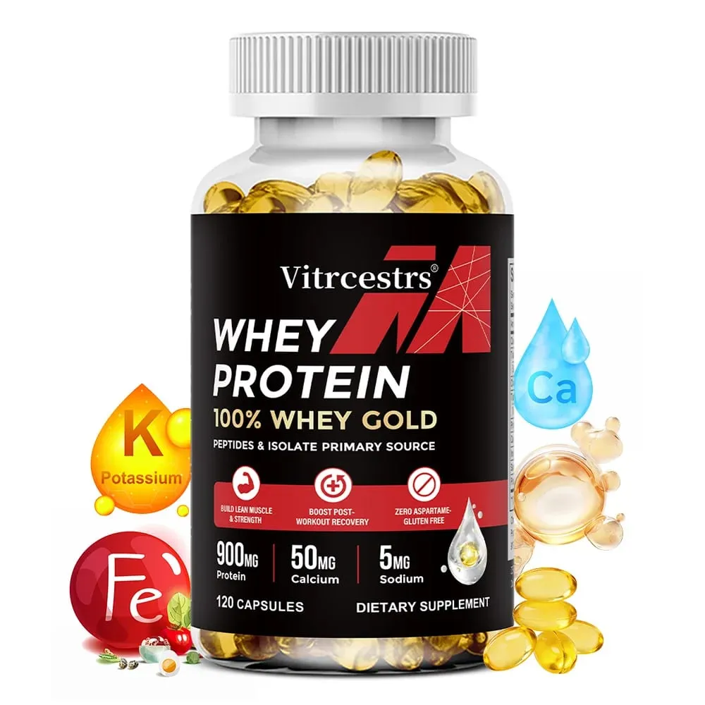Cápsulas de concentrado de proteína de soro de leite - 900mg de proteína, recuperação pós-treino, saúde muscular e imunidade, sem glúten, não OGM