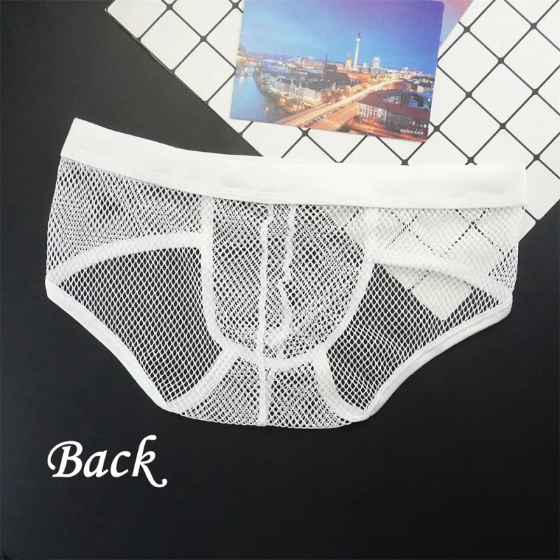 Plus size malha roupa interior masculina transparente grande fishnet u bolsa briefs masculino cintura baixa cor sólida sexy perspectiva calcinha masculina