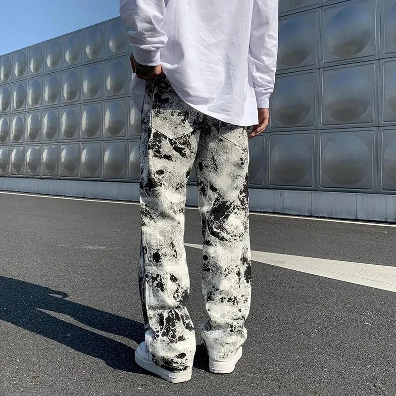 Calças de brim impressas unissex cintura elástica primavera 2025 esfregar calças jeans moda masculina estilo coreano alta rua solta calças hip hop