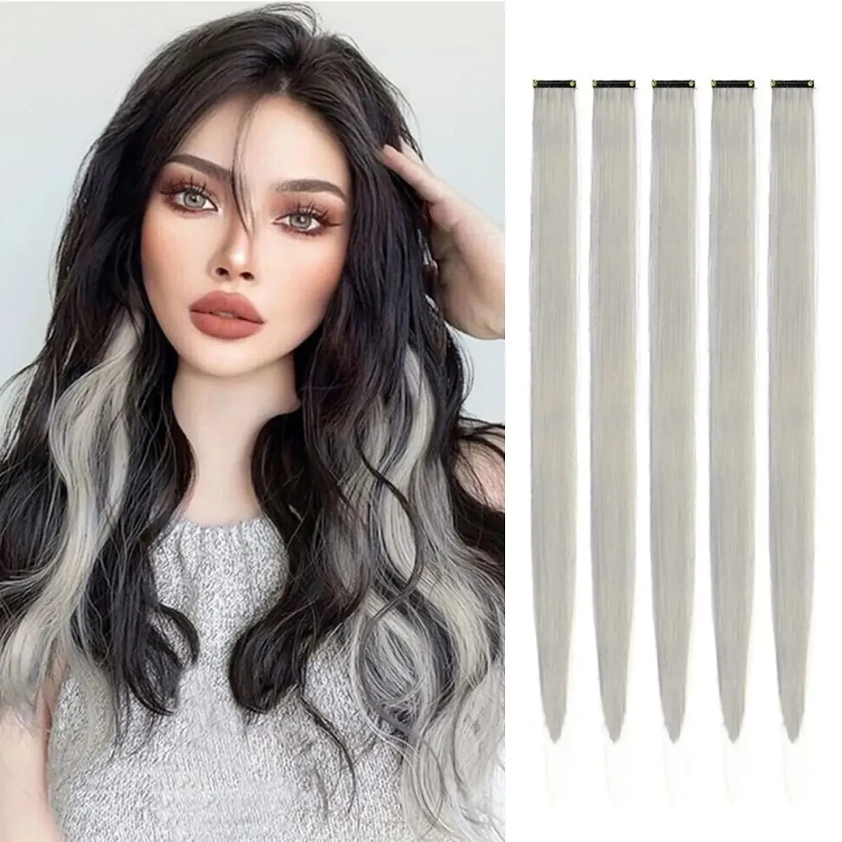 5 pçs clipe colorido em extensões de cabelo sintético destaques festa extensões de cabelo colorido arco-íris falso grampos de cabelo postiços — image 20