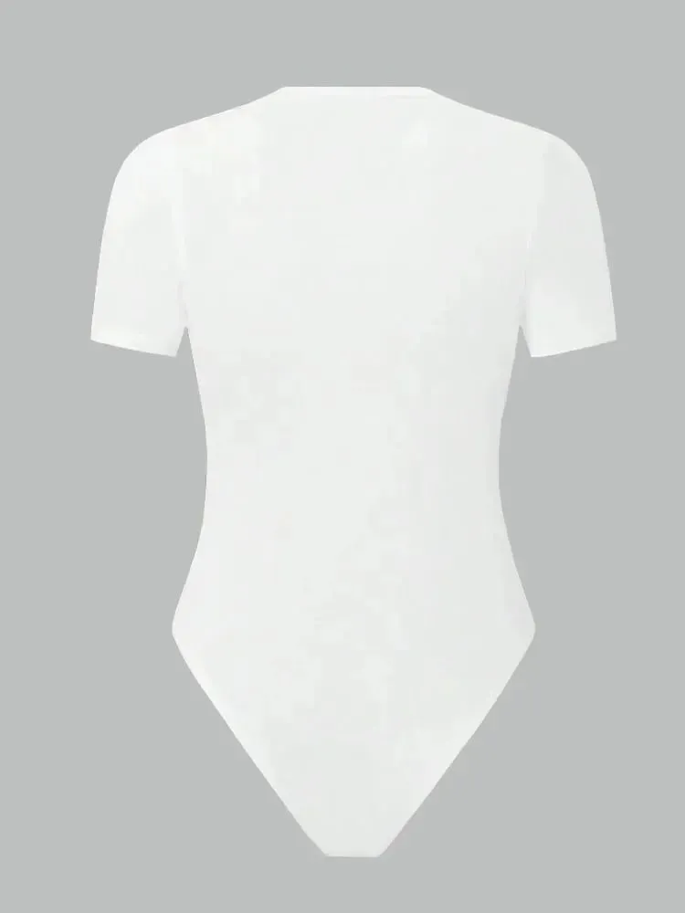 Bodysuit básico sólido de manga curta para mulheres verão em torno do pescoço bodycon macacão blusa streetwear