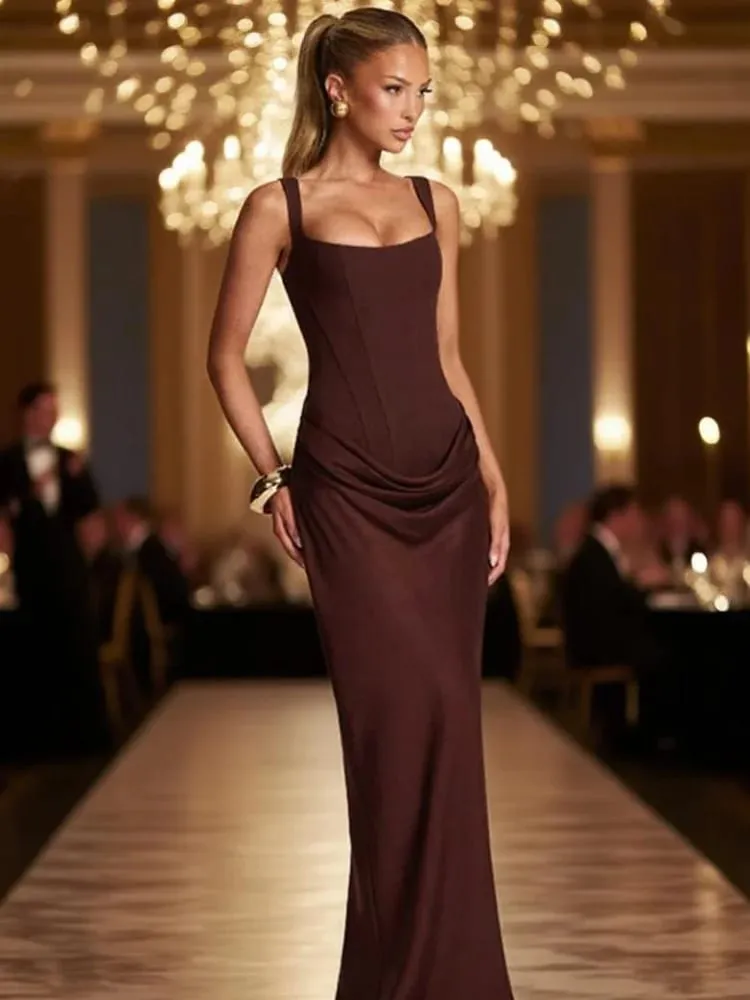Senhora elegante plissado estilingue vestidos sólidos pescoço quadrado sem mangas fora do ombro cintura cinching vestido moda vestidos de festa à noite