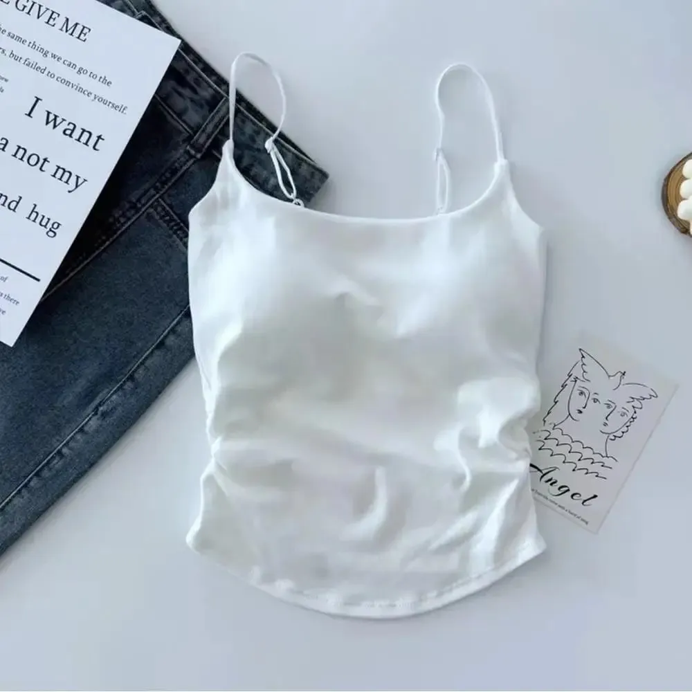 Feminino cor sólida alças de espaguete sem mangas camisola fina com almofada no peito moda feminina verão topo vestindo dentro e fora