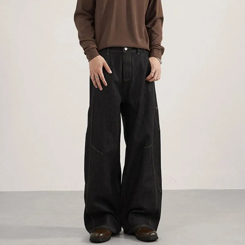 American Style Men's Denim Pants Solid Color Washed Casual Cleanfit Straight Wide Leg All-amtch Loose Male Jeans New 9W4159