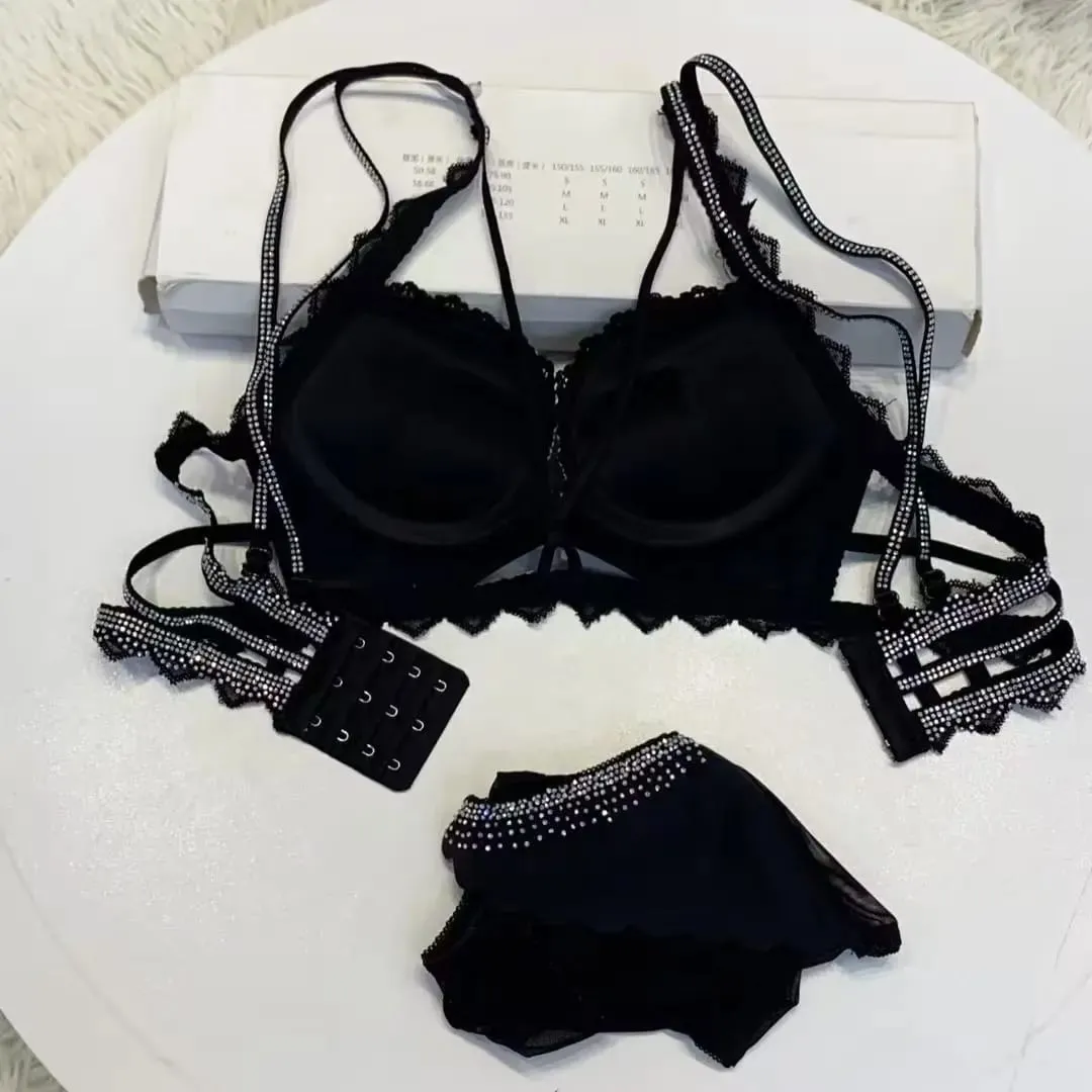 （Bralette For Small Breasts) New Rhinestone Leopard Print Thickened Lingerie Small Breasts Gathering Hollow Out Women's Bra Set