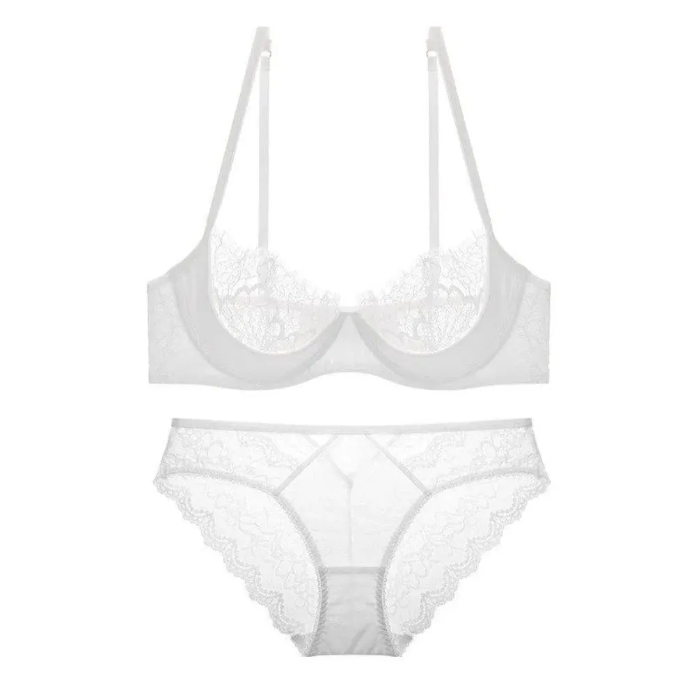 Conjunto de lingerie de renda pura francesa meia xícara fina sem forro sutiã minimizador underwire suporte elevador busto grande senhoras cuecas combinando S-XL