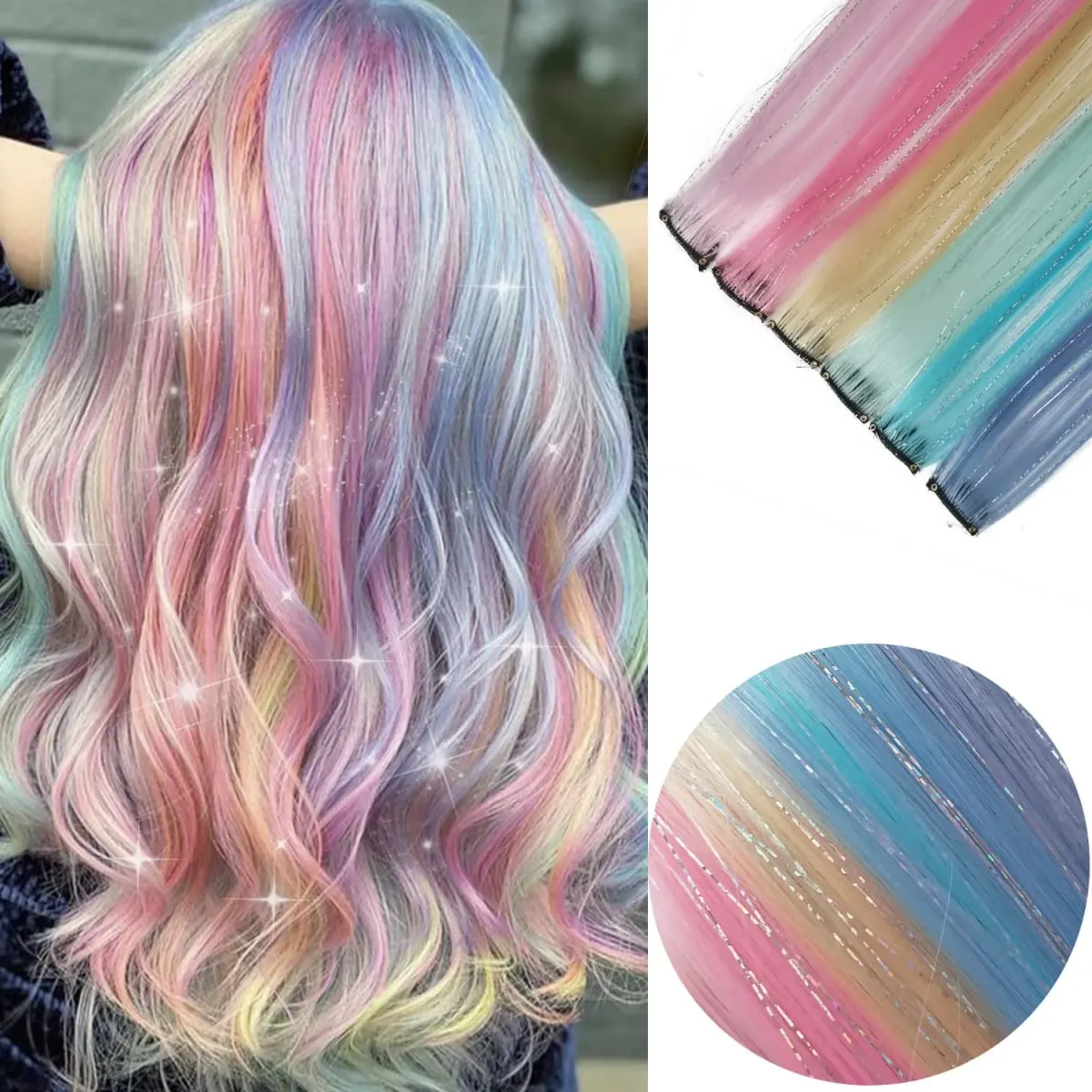 6 unidades/pacote colorido festa destaques clipe em extensões de cabelo 22 polegadas multi-cores cabelo liso sintético postiços — image 41