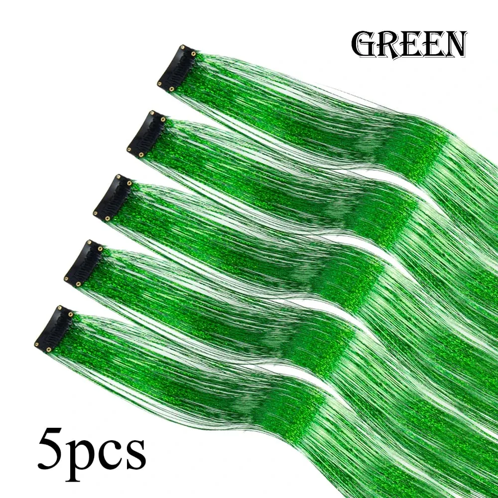 Atacado 5 unidades/pacote espumante brilhante extensões de cabelo clipe em brilho brilhante cabelo enfeites arco-íris brilhante brilho cabelo ouropel rosa/vermelho