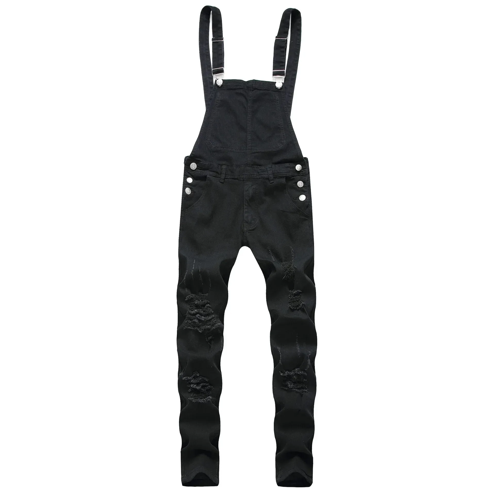 Men Jeans Jumpsuits Denim Overalls Distressed Pockets One Piece Pencil Pants Solid Washed Ankle Length Safari Style Spliced