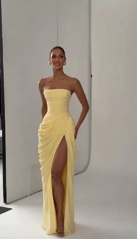 여성 섹시 솔리드 Pleated 드레스 레이디 세련된 오프 어깨 Backless Strapless 높은 허리 분할 드레스 2026 여름 저녁 파티 가운