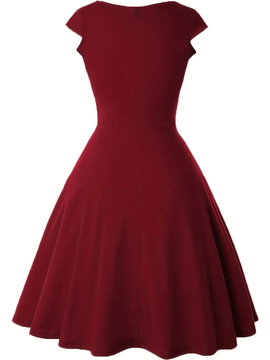 Feminino elegante em torno do pescoço verão manga curta sólido a linha na altura do joelho vestido de cintura alta swagger festa de casamento casual partida