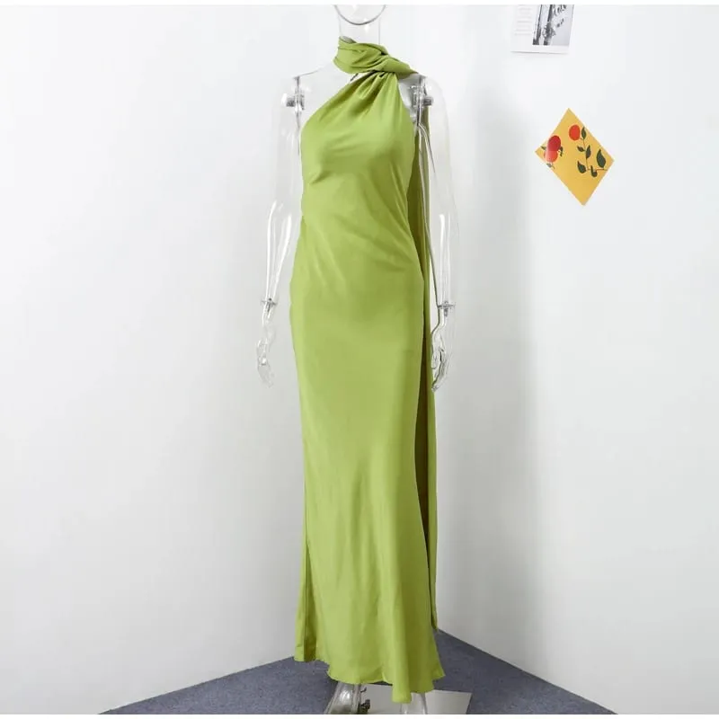 Elegant Ribbon Halter Dress Women Solid Off Shoulder Sleeveless Backless Slim Maxi Dresses 2025 Summer Autumn Party Robes Lady