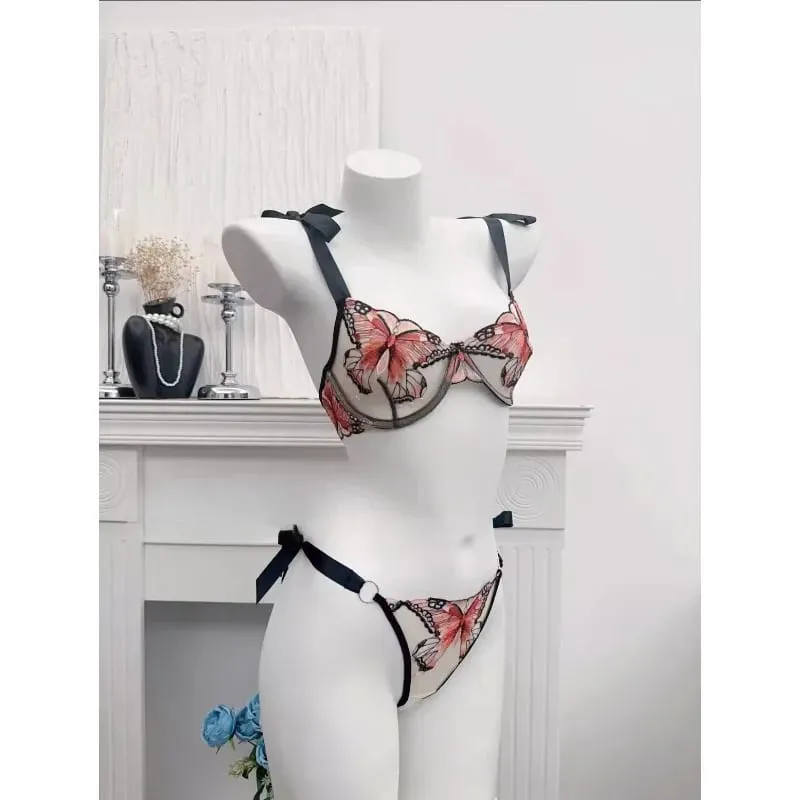 Reggente Pizzo Francese Farfalla Rete Trasparente Spalline Elastiche Senza Spugna Set Intimo S-XL Nuovo Morbido